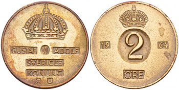 Швеция 2 эре 1964 U, Густав VI Адольф (1950-1973) KM 821 бронза 4548-411