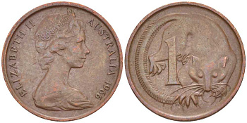 АВСТРАЛИЯ 1 ЦЕНТ 1966 ЕЛИЗАВЕТА II, МОЛОДОЙ ПОРТРЕТ, ОПОССУМ KM 62 бронза 100-714