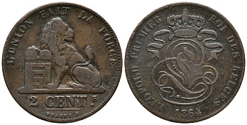 БЕЛЬГИЯ 2 САНТИМА 1864/1 BELGES KM 4.2 медь 34-1115