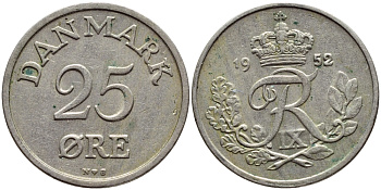 Дания 25 эре 1951 N; S, Фредерик IX (1947-1972) KM 842 медно-никель 4398-933