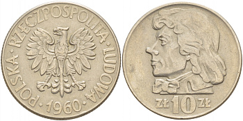 ПОЛЬША 10 ЗЛОТЫХ 1960 КОСТЮШКО KM 50 медно-никель 4536-1224