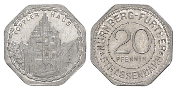 Нюрнберг трамвайный (транспортный) жетон в 20 пфеннигов ND (1920-1921) Топлерхаус Men05 19256.41, Men18 24102.41 алюминий aUNC 3459-532