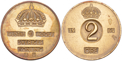 Швеция 2 эре 1964 U, Густав VI Адольф (1950-1973) KM 821 бронза 4548-411