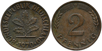 ФРГ 2 пфеннига 1970 D KM 106а, J.381а сталь плакированная медью 99-164