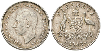 Австралия 6 пенсов 1943 D, Георг V (1936-1952) KM 38 серебро 4623-232