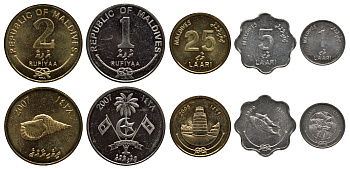 Мальдивские острова лот из 5 монет 1990-2008 от 1 лари до 2 рупий KM 68, 69, 71, 73b, 88 UNC N1-49