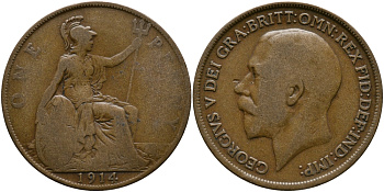 Великобритания 1 пенни 1914 Георг V (1910-1936) KM 810, Spink 4051 бронза 57-825