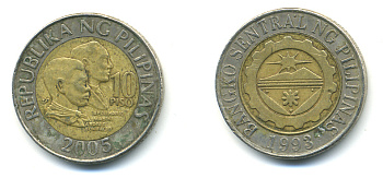 ФИЛИППИНЫ 10 ПЕСО 2005 KM 278 биметалл 3999-521