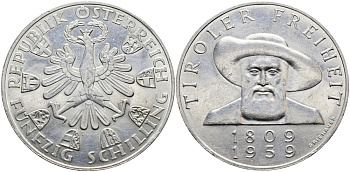 Австрия 50 шиллингов 1959 150 лет независемости Тироля KM 2888 серебро 441-1423