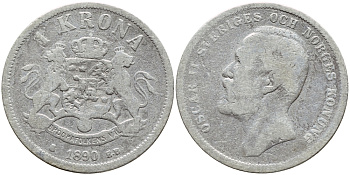 Швеция 1 крона 1890 ЕВ, Оскар II (1872-1907) король Швеции и Норвегии KM 760 серебро 1530-915