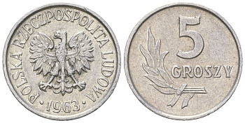 Польша 5 грошей 1963 MW Y A46 алюминий UNC 4618-258