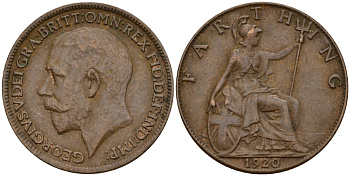 Великобритания 1 фартинг 1920 Георг V (1910-1936), светлая отделка KM 808.2, Spink 4060 бронза 4158-518
