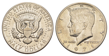 США 1/2 доллара (50 центов) 1971 D, Джон Кеннеди KM 202b медь плакированная медно-никелем aUNC 221-912