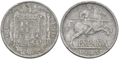 Испания 10 сентимо 1945 Франсиско Франко (1939 - 1975) KM 766 алюминий 4155-235