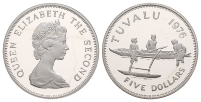 Тувалу 5 долларов 1976 Туземцы возле каноэ KM 8 серебро PROOF 11-252-31