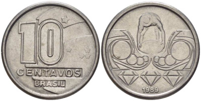 Бразилия 10 сентаво 1989 золотодобыча KM 613 нержавеющая сталь 116-1256