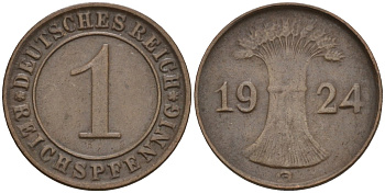 Германия 1 рейхспфенниг 1924 G KM 37, J. 313 бронза 4516-1123