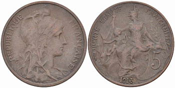 ФРАНЦИЯ 5 САНТИМОВ 1913 ТИП ДАНИЭЛЬ ДЮПЮИ KM 842, LE FRANC 119.25 бронза 108-942