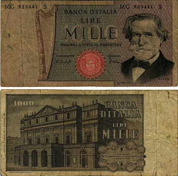 Италия 1000 лир 1977 Джузеппе Верди, Милин Ла Скала Pick 101e бумага 7548-121-2-1