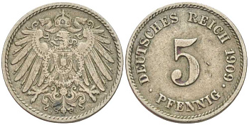 ГЕРМАНИЯ 5 ПФЕННИГОВ 1909 J KM 11, J. 12 медно-никель 105-139