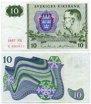 ШВЕЦИЯ 10 КРОН 1987 СЕРИЯ AC, ГУСТАВ VI АДОЛЬФ Pick 52e бумага 8612-30-3-1