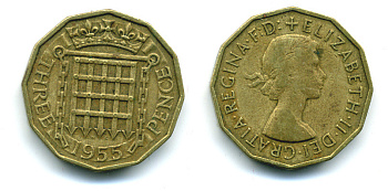 Великобритания 3 пенса 1955 Елизавета II (1952-2022) KM 900, Spink 4153 никель латунь 89-1151