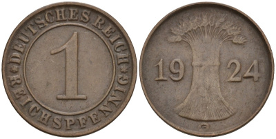 Германия 1 рейхспфенниг 1924 G KM 37, J. 313 бронза 4516-1123