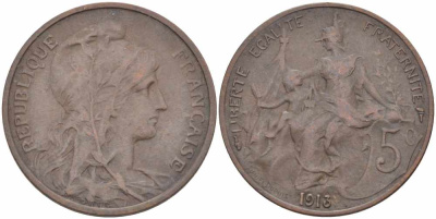 ФРАНЦИЯ 5 САНТИМОВ 1913 ТИП ДАНИЭЛЬ ДЮПЮИ KM 842, LE FRANC 119.25 бронза 108-942
