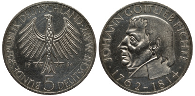ФРГ 5 марок 1964 J, 150 лет со дня смерти Иоганна Готлиба Фихте J. 393, KM 118.1 серебро 413-1424