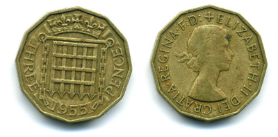 Великобритания 3 пенса 1955 Елизавета II (1952-2022) KM 900, Spink 4153 никель латунь 89-1151