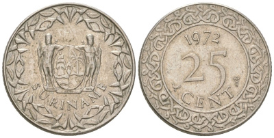 Суринам 25 центов 1972 KM 14 медно-никель 4611-828