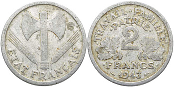 Франция 2 франка 1943 правительство Виши KM 904.1, LE FRANC 270.2 алюминий 109-1222