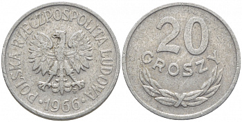 ПОЛЬША 20 ГРОШЕЙ 1966 MW KM А47 алюминий 4448-343