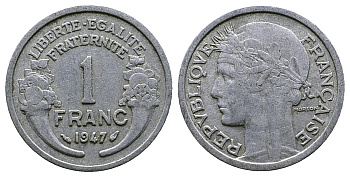 ФРАНЦИЯ 1 ФРАНК 1947 KM 885a.1 алюминий 261-425