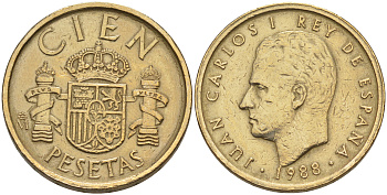 Испания 100 песет 1988 Хуан Карлос I (1975-2014) KM 826 алюминиевая бронза 106-337