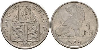 Бельгия 1 франк 1939 Belgique - Belgie KM 119 никель 4603-1217