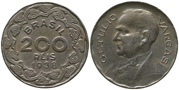 Бразилия 200 рейсов 1938 KM 545 медно-никель 4567-819