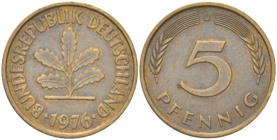 ФРГ 5 пфеннигов 1976 D KM 107 сталь плакированная латунью 4613-1227