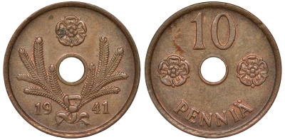 Финляндия 10 пенни 1941 KM 33.1 медь 51-3611