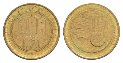 Сан-Марино 20 лир 1977 Экология KM 67 алюминиевая бронза UNC 4647-217