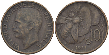 ИТАЛИЯ 10 ЧЕНТЕЗИМО 1931 R, ПЧЕЛА, ВИКТОР ИМАНУИЛ III KM 60 медь 28-114