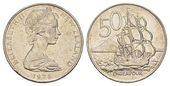 Новая Зеландия 50 центов 1978 Елизавета II (1952-2022), парусник Индевор KM 37 медно-никель 189-332