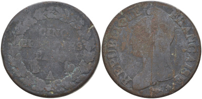 ФРАНЦИЯ 5 САНТИМОВ 1794 А, LAN KM 640.1 медь 4111-126