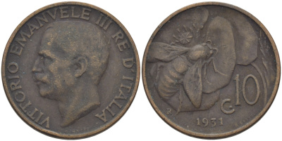 ИТАЛИЯ 10 ЧЕНТЕЗИМО 1931 R, ПЧЕЛА, ВИКТОР ИМАНУИЛ III KM 60 медь 28-114