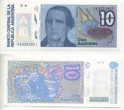 АРГЕНТИНА 10 АУСТРАЛЕЙ 1989 СЕРИЯ С 14423, САНТЬЯГО ДЕРКИ, ПРЕЗИДЕНТ АРГЕНТИНЫ Pick 325b бумага UNC (ПРЕСС) 7548-9-3-1