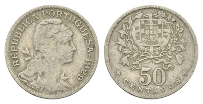 Португалия 50 сентаво 1929 голова Свободы вправо KM 577 никель латунь 4659-629