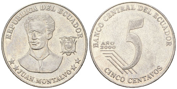 Эквадор 5 сентаво 2000 KM 105 нержавеющая сталь 4401-1244