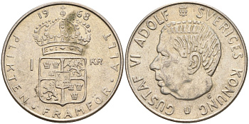 Швеция 1 крона 1968 U, Густав VI Адольф (1950-1973) KM 826 серебро 4150-236