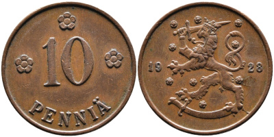 Финляндия 10 пенни 1928 республика (1918-1962) KM 24 медь 4388-852