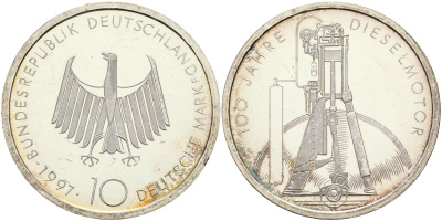 ФРГ 10 марок 1997 F, 100 лет дизельному двигателю KM 192 серебро UNC 11-183-35